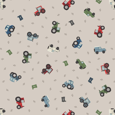 Lewis & Irene Fabrics - SM67-1 - Small Things Countryside - Tractors and Wellies - Light Pebble