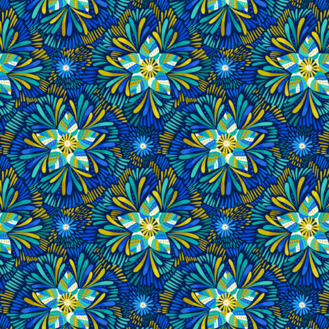 Bahia - A810.3 Axé blue and green floral on dark blue