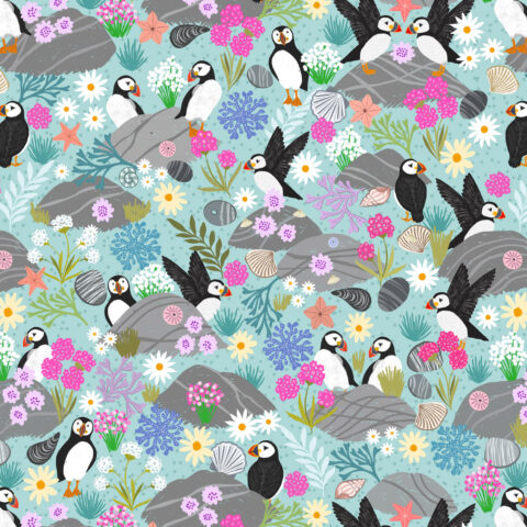 Puffin Rock, Puffin Rock Fabric, Puffin Fabric, Lewis & Irene, Lewis & Irene Fabric, Patchwork Geelong, Geelong Quilting, Sea Fabric, Sea Theme Fabric, Puffin Rock A895A Puffin Bay Puffins