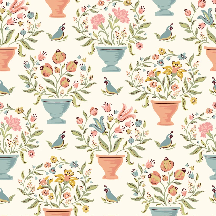 WW25115 Flower Pots Cream Poppie Cotton, Poppie Cotton Fabric, Poppie Cotton Australia, Wildwood Dwellings Fabric, Wildwood Dwellings by Poppie Cotton, WW25115 Flower Pots Cream