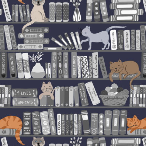Lewis & Irene - The Purrfect Book Club - A961C Bookshelves and Cats Greys