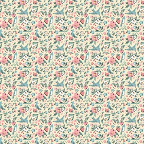 Poppie Cotton, Poppie Cotton Fabric, Granny’s Sewing Room by Poppie Cotton, Poppie Cotton Granny’s Sewing Room, GS25901 - Bluebirds & Berries Yellow