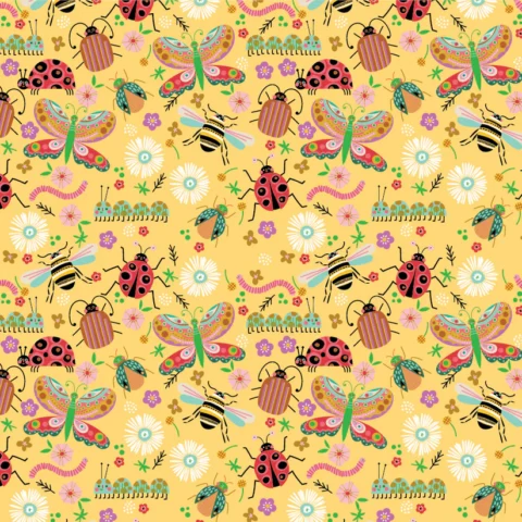 Poppie Cotton, Poppie Cotton Fabric, Hey Love Bug, Love Bug Fabric, Hey Love Bug by Poppie Cotton, BG25130 - Bugs Yellow