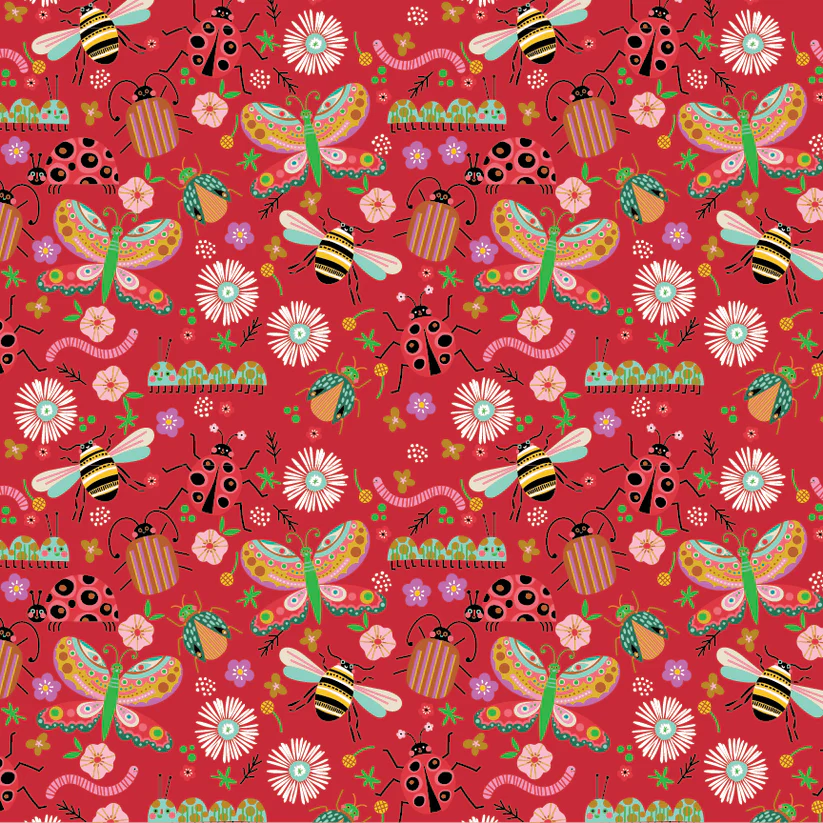BG25131 - Bugs Red Poppie Cotton, Poppie Cotton Fabric, Hey Love Bug, Love Bug Fabric, Hey Love Bug by Poppie Cotton, BG25131 - Bugs Red