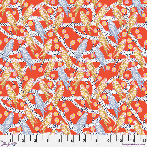 Free Spirit Fabrics, Penny Jeffries Fabric, Blotsma & Song Fabric Collection, PWPE006.VERMILION - Budgie Melody