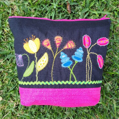 Zoe Clifton Designs, wool applique, zipper pouch, Flower Patch Zipper Pouch