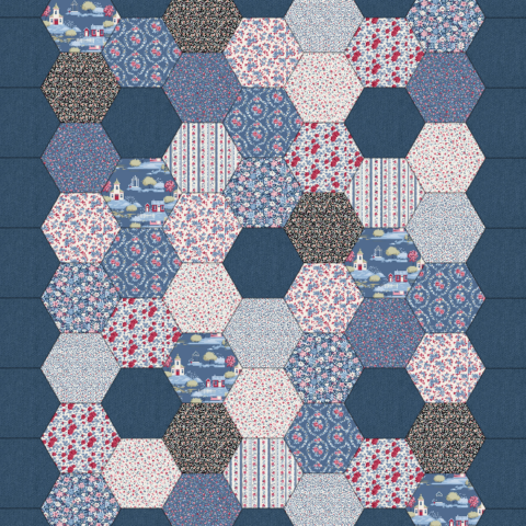 Hexágōnon - Pattern & Template & Fabric KIT - Tilda Village Life - Navy